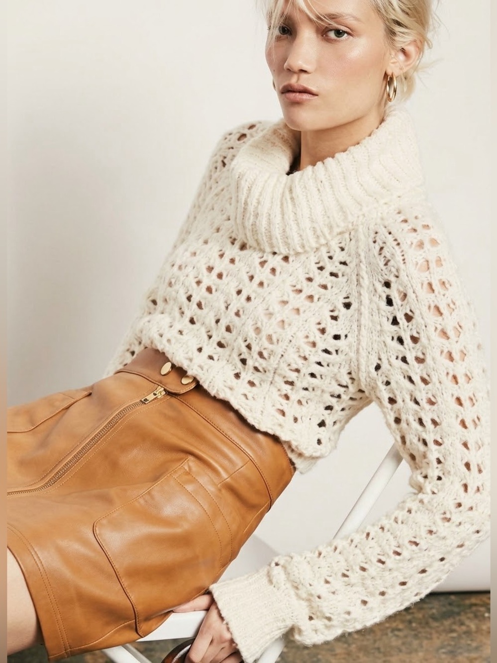 Free People Seashell Pointelle Cowl Neck Relaxed Sweater Cream Large Cottagecore